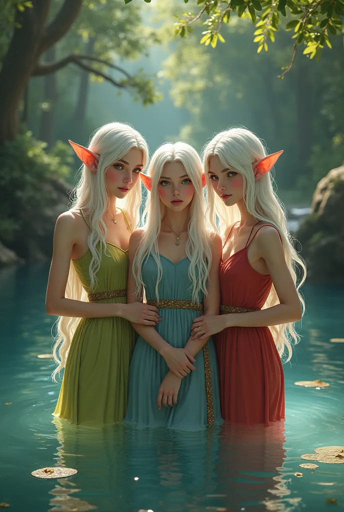 three elf girls , White hair , long and pointed ears , beautiful , wearing colorful dresses , voluptuous bodies , older than 25 ...