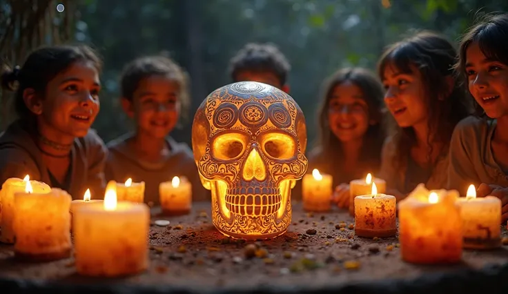 Mystic altar surrounded by candlelight, one crystal skull in the center, with symbols from different cultures (Mayan, Aztec, Cel...