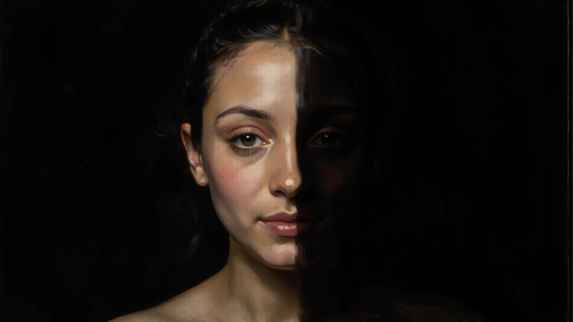 A face half in light, half in darkness, symbolizing spiritual awakening.
