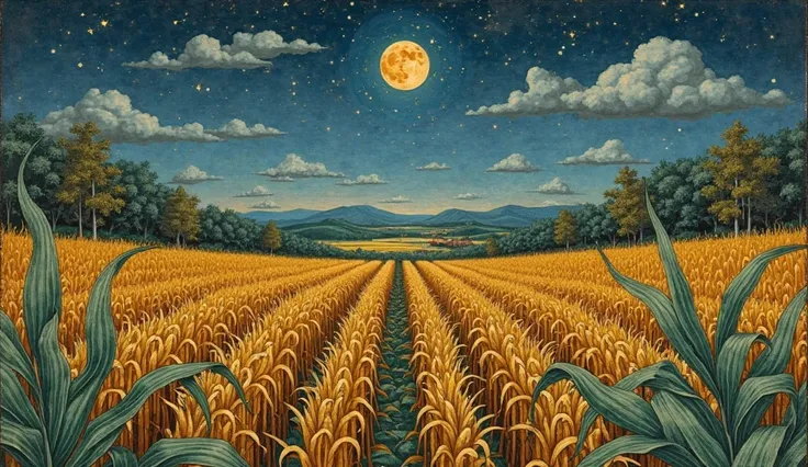 An overhead view of a vast milpa (cornfield) under the gentle moonlight, showing rows of maize stretching into the distance, sur...