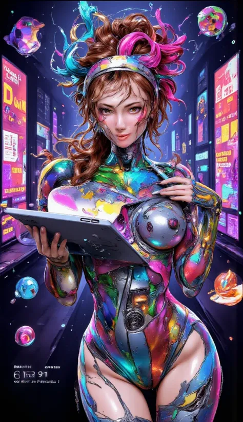 A photorealistic image of a friendly, youthful, and attractive AI mascot, designed to inspire creativity, in the style of Cyberp...