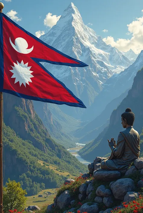 Nepali flag with mountain and buddha in p word create image 