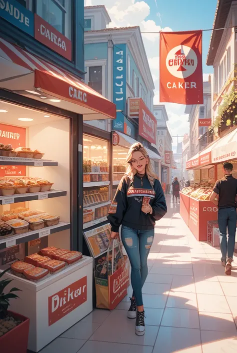 Advertising of a brand dedicated to pastry, with a background suitable for a store and with a name created on a banner. “ERA CAK...