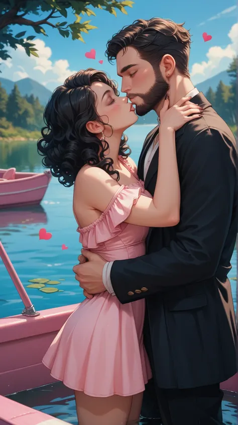 a beautiful couple in love kissing in a pink boat with love hearts on a lake, a beautiful woman with black curly hair, in a shor...