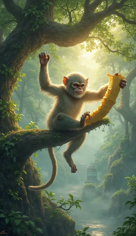 Sacred monkey spirit swinging through ethereal banyan tree, carrying golden scroll of wisdom, glowing third eye, spirit fog swir...