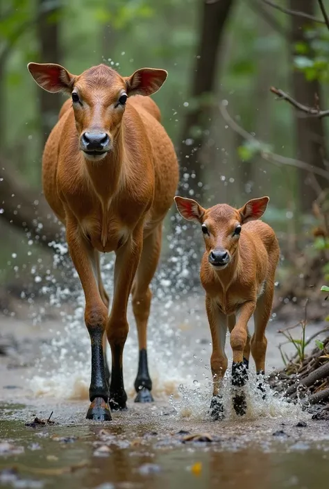 “A Barasingha calf walking beside its mother through a flooded forest path, their legs adapted for marshy land, with water dropl...