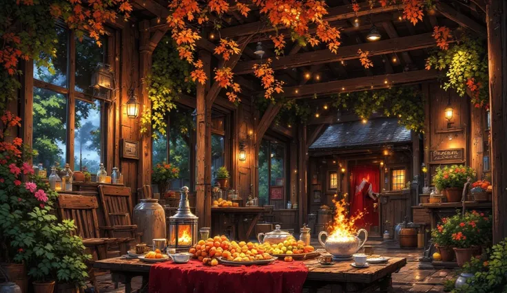 An elegant elven mage seated calmly in a shrine-city, sipping tea with a Tech-Priest Magos, servo-skulls floating nearby serving...
