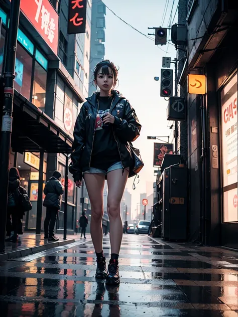 there is a woman standing on the side of the street, cyberpunk art by Yang J, trending on Artstation, realism, artwork in the st...
