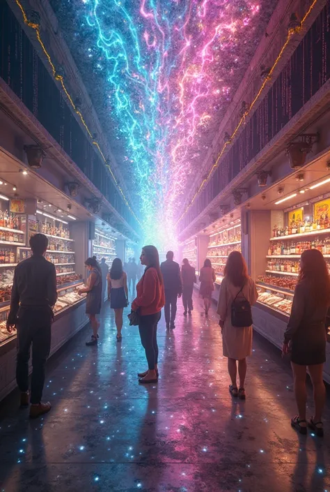 Interior of a commercial space that goes from dark to vibrant, with colors that flow like waves of energy while people magically...