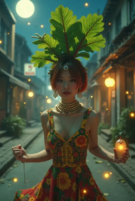 a radish, crazy, on the street, old and abandoned street, under the moonlight, her leafy top adorned with shiny accessories, wea...