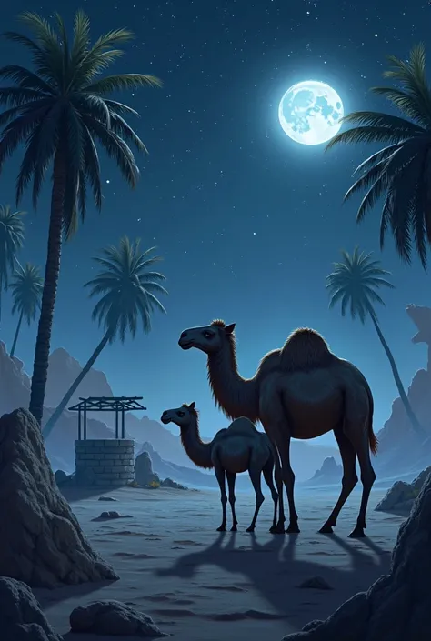 I want a picture of a beautiful camel and her young one in front of a well, a rock, and palm trees in the middle of the desert a...