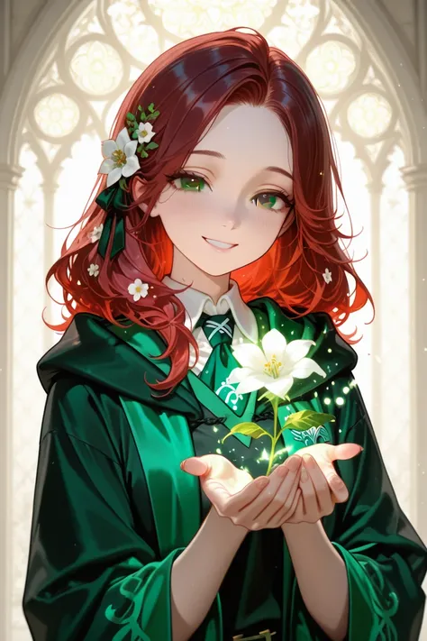 A beautiful teenage girl with long black and some few red hair, fair skin, and hazel brown eyes. She has a charming smile and we...
