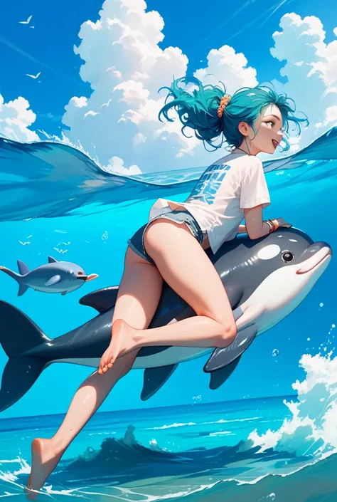 T-shirt design.
 A fluffy Japanese Spitz is riding on the back of a dolphin. It is not a girl riding a dolphin. White Spitz is r...