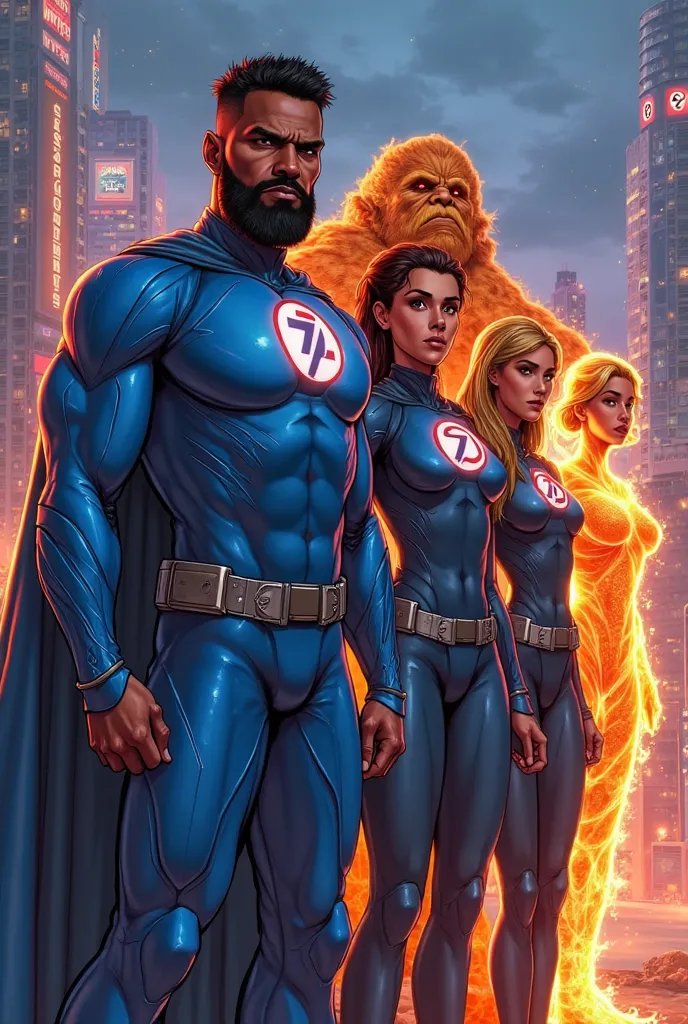 An HQ-style illustration of four superheroes inspired by the Fantastic Four. The leader is a brown man, with Black hair and bear...