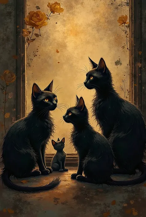 A PC wallpaper with cats, jazz, relaxante , escuro, amarelado, cat wallpaper full of details, bem escuro. Dark background full o...
