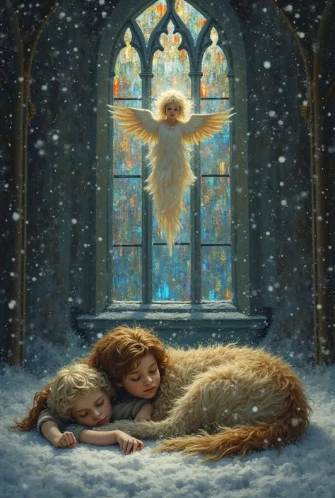  Flemish dog/((Church at night))Very cold environment during the snowy season/Church at night/Dog and boy sleeping in church//An...