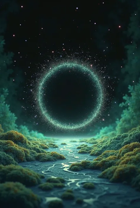 There is a green background that becomes a gradient in the center color black and that in the center there is a circle and parti...