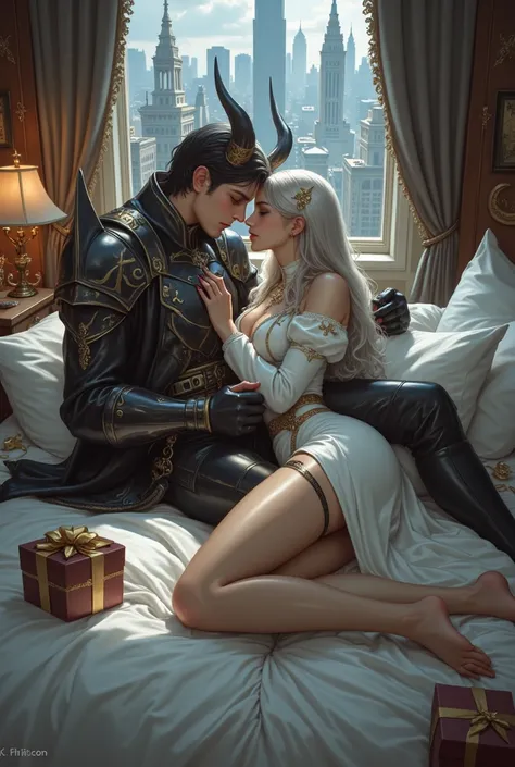 ((King and princess in a gift box:1.3)) ,(Romeo and Juliet)((Forbidden Love)),The little demon king and an adult female knight h...