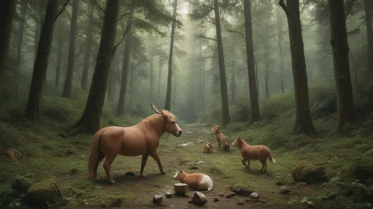 "Dry and barren forest, with cracked ground and withered trees, animals struggling for food – dramatic Panchatantra style art"
