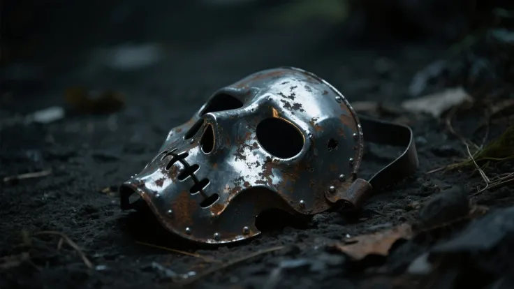 Close-up of the strange metallic lead masks lying on the ground — slightly rusted, reflecting dim light.