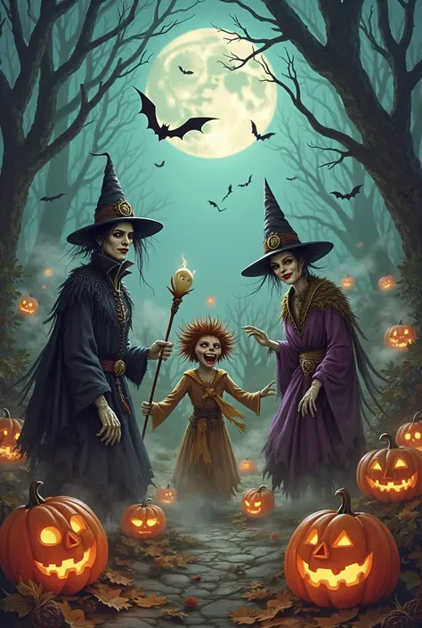 Um mundo de Halloween, onde vampiro, bruxas, espantalhos, tree men, fantasmas, MORCEGOs, skeleton men are freely partying.