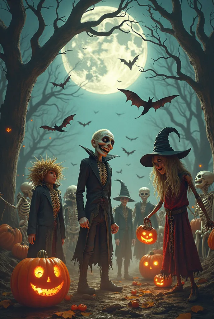 Um mundo de Halloween, onde vampiro, bruxas, espantalhos, tree men, fantasmas, MORCEGOs, skeleton men are freely partying.
