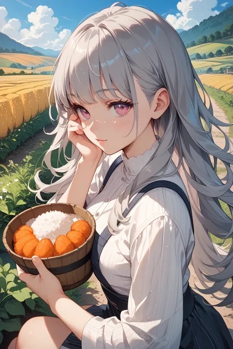long hair, gray hair, rice fields, blue sky, pink eyes