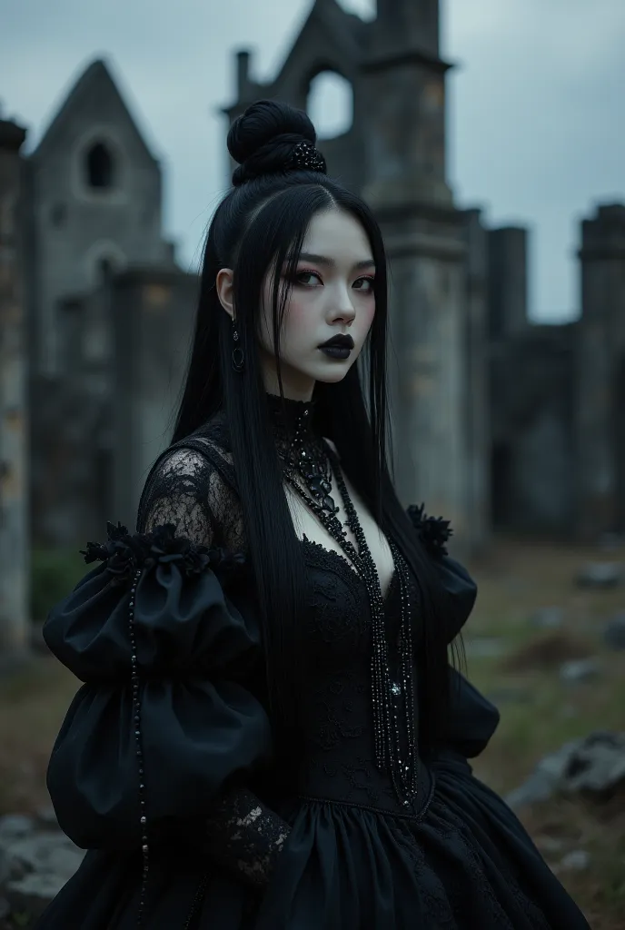 dark gothic。Zhu Zhu is wearing a black lace dress，The dress is decorated with silver dark lines and chains，and mysterious and st...