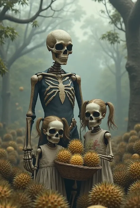 "A hyper-realistic and slightly surreal digital illustration of a spooky skeleton family in a market filled with durian fruits. ...