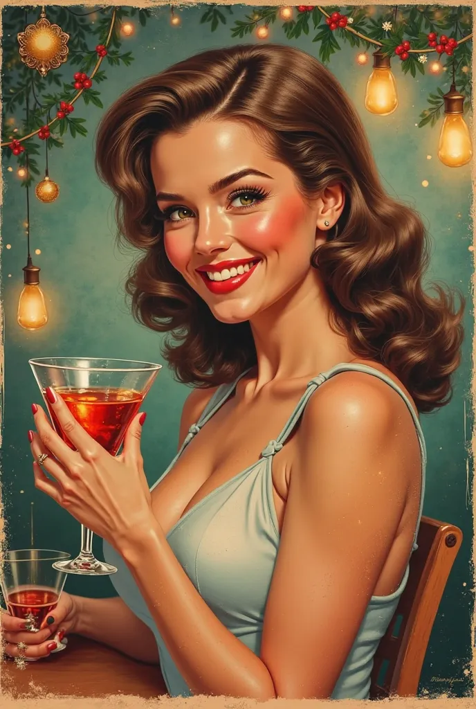 Smiling woman holding a glass 、  cocktail-themed  ,  vintage poster ,  inspired by retro style art ,  retro christmas poster,  p...