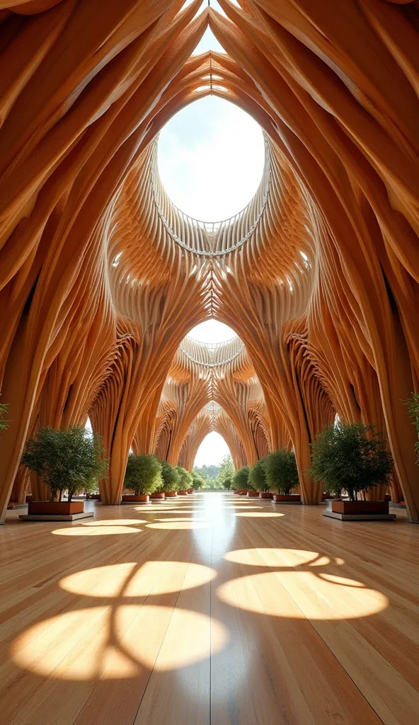 A wide-angle, eye-level shot of a breathtaking interior space with a vaulted ceiling constructed from elaborate, interwoven wood...