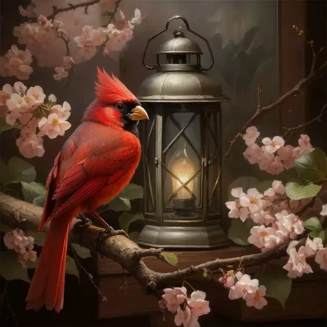 painting of a red bird sitting on a branch next to a lantern, The Ethereal Cardinal Bird, red bird, Realistic oil paintinging, R...