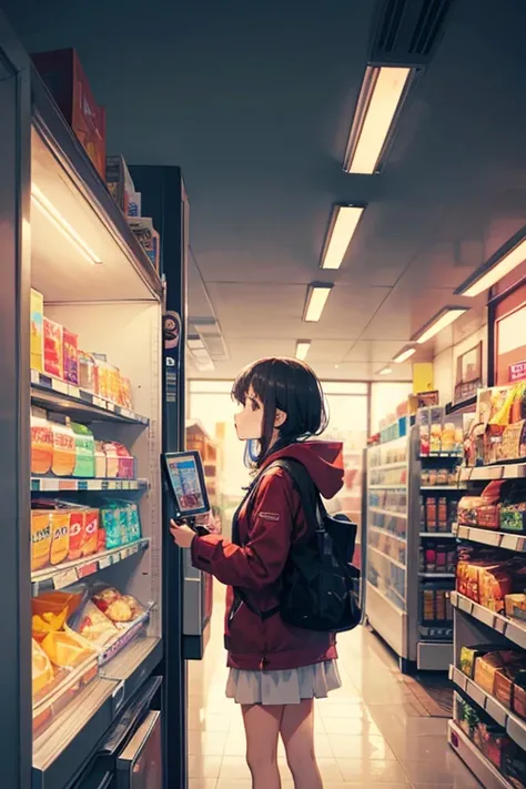 A girl looking at the refrigerator in a convenience store late at night