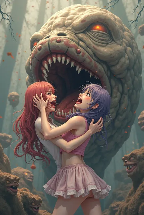 A picture of a maru swallowing，two female anime characters，one swallowing another