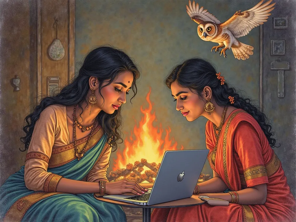 Three Indians, a man and a woman, are sitting at a table in a headset and working on laptops. A fire is burning in the backgroun...