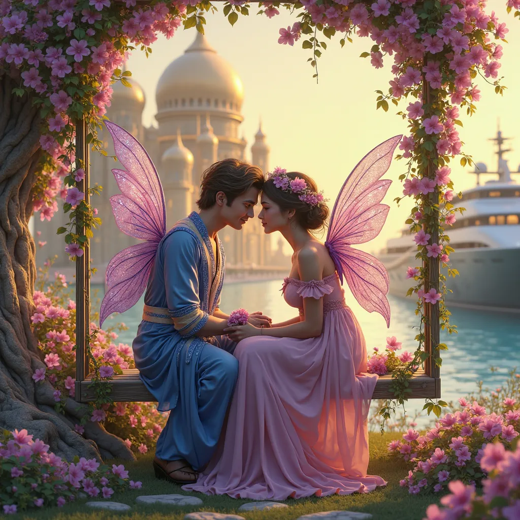 A realistic fairy tale scene of a loving couple sitting closely on a flower-covered swing. The man has shimmering fairy wings an...