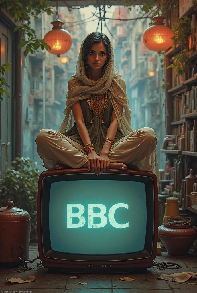 Arab woman cross-legged on a TV set with a “BBC Channel” poster 