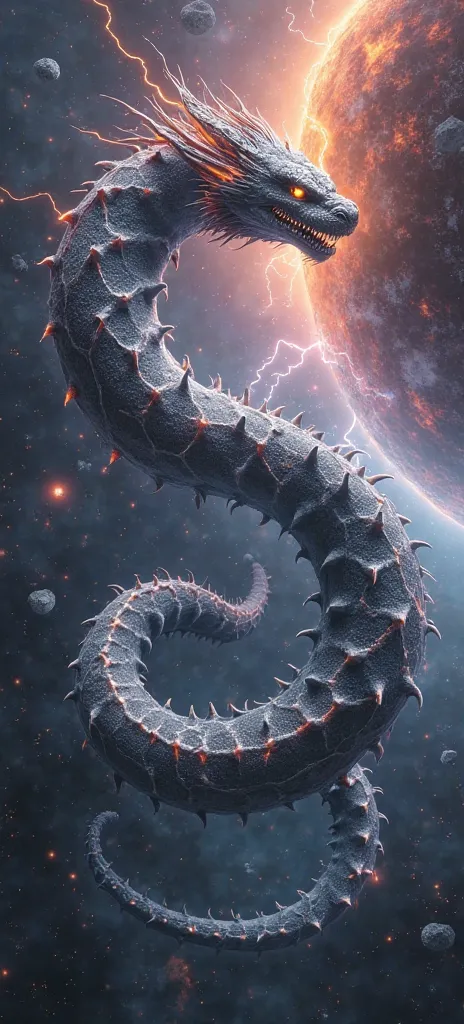 A colossal space serpent made of molten silver and dark energy coils through a torn nebula above a glowing black hole. Its eyes ...