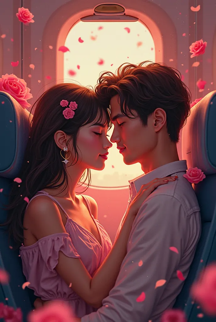 A picture of myself with a girl inside the aeroplane colored, with rose flower 