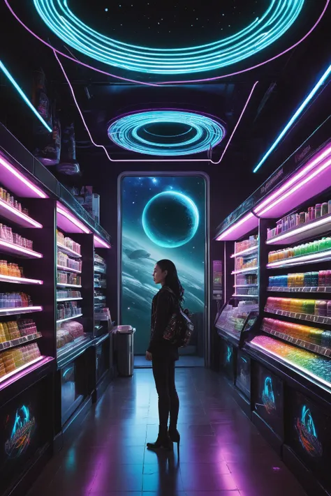 Deep within the labyrinthine corridors of a colossal spaceship drifts a mysterious convenience store, bathed in eerie neon light...