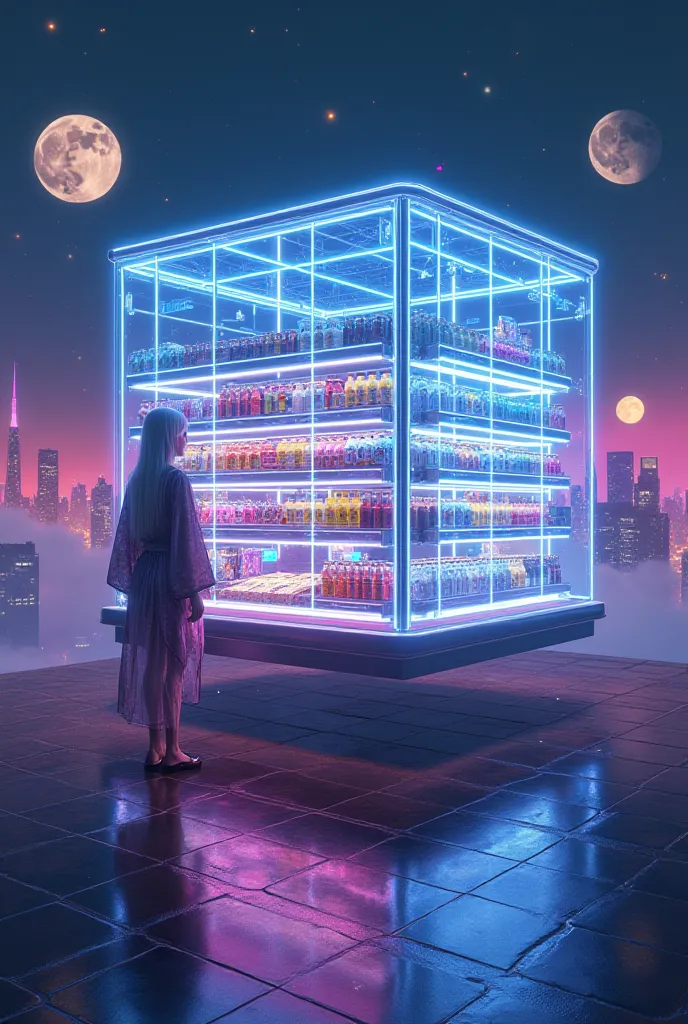 Midnight Convenience Store” in the far-far-far future: a levitating glass cube of glowing neon circuit-traces hovers above a spr...