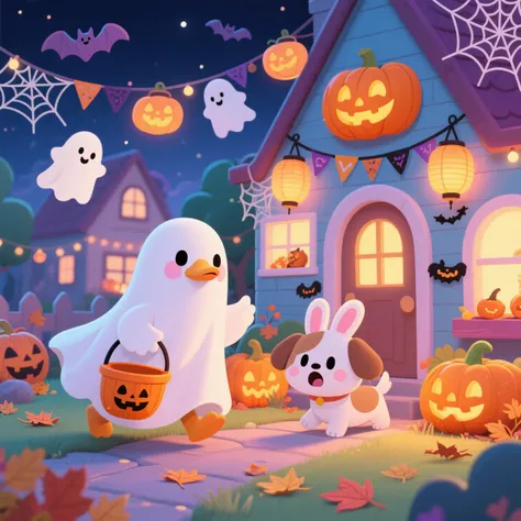"A colorful kawaii Halloween scene in a cozy animal neighborhood at night. A cute goose wearing a white ghost costume with two e...