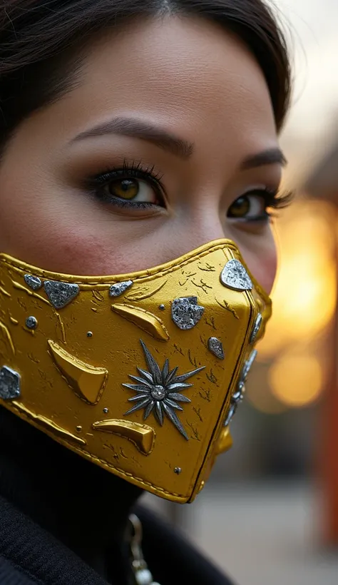 Ultra-realistic 8K cinematic portrait of Tanya (Mortal Kombat), focusing only on the face. Her yellow iron mask is intricately d...
