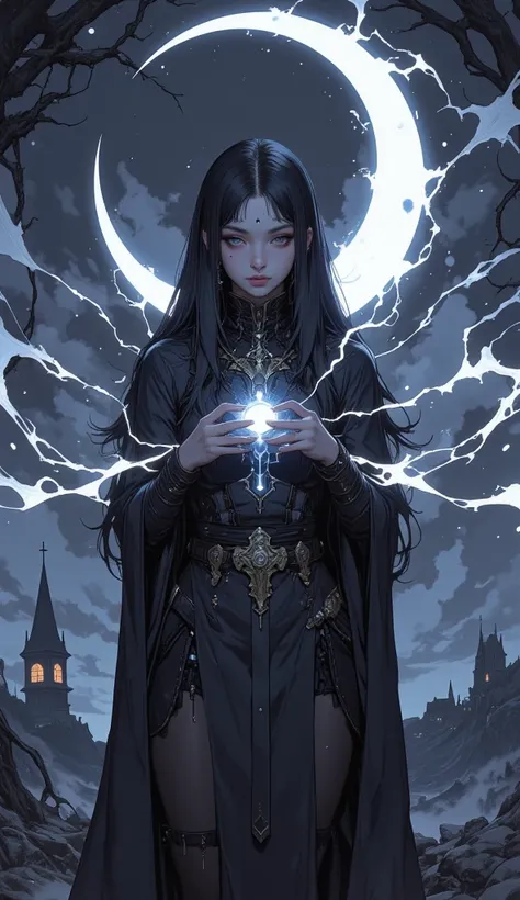Unrealistic illustration. girl with long black hair  Witch with the power of the moon