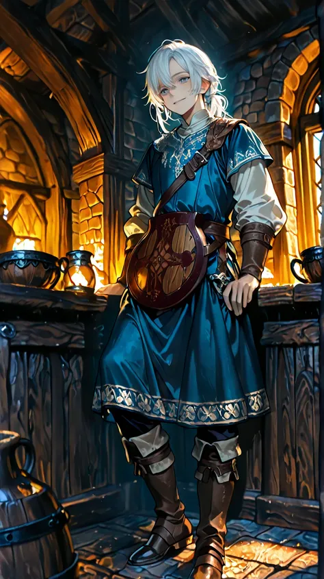 Man, 20 years old, with a lute, in medieval men's clothing, with white hair, with bright blue eyes, in a tavern, with a lute, ve...