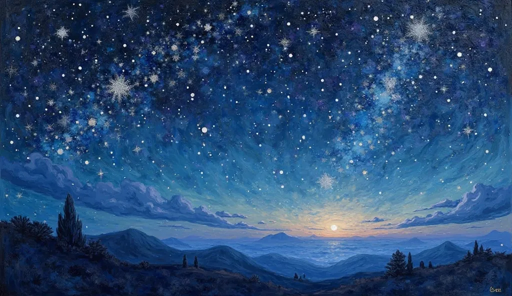 A serene and tranquil paint by numbers depiction of a starry night sky, with a subtle moon glowing softly in the distance, surro...
