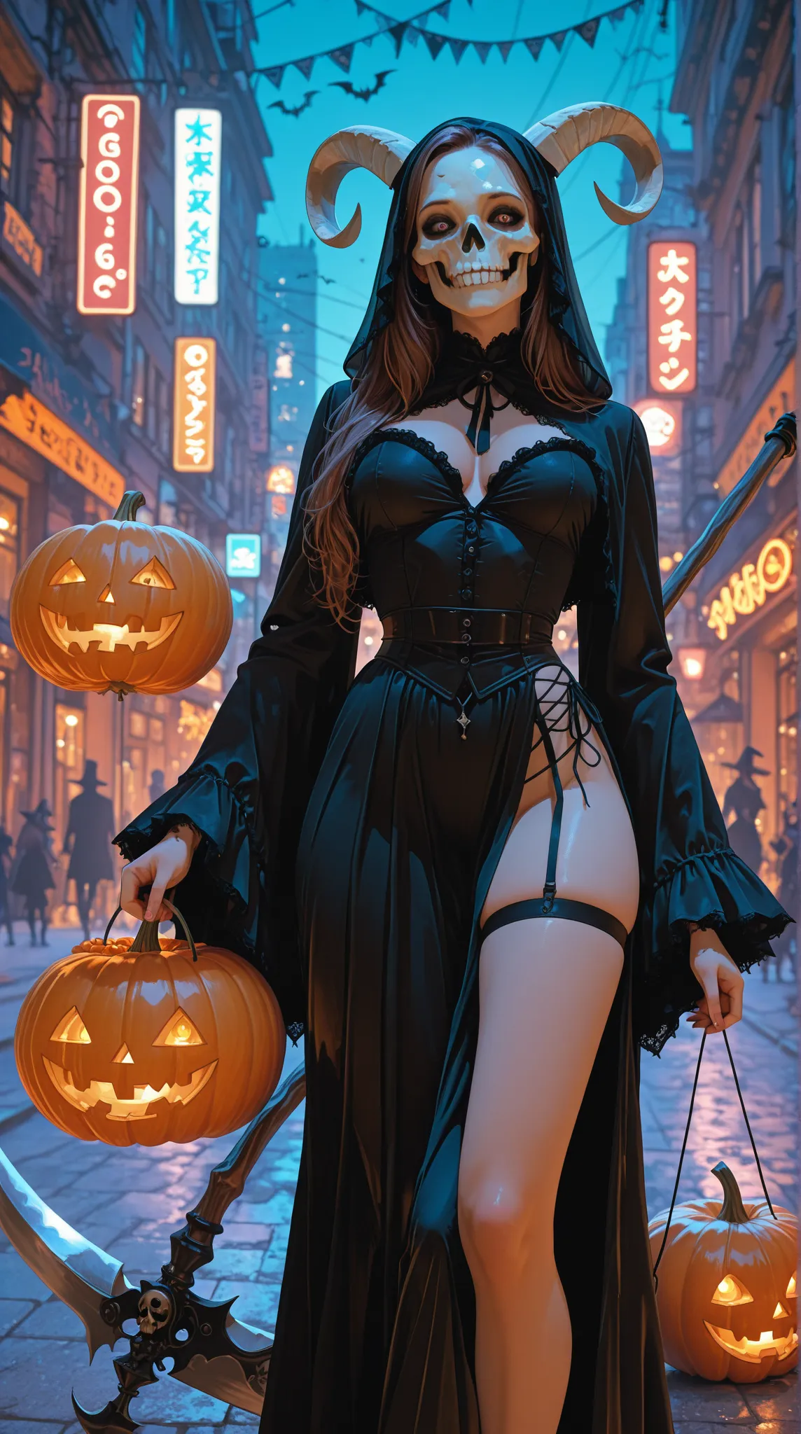 A photo of a woman with a skull for a head holding a scythe. She has a very good-shaped body and is dressed in a revealing outfi...