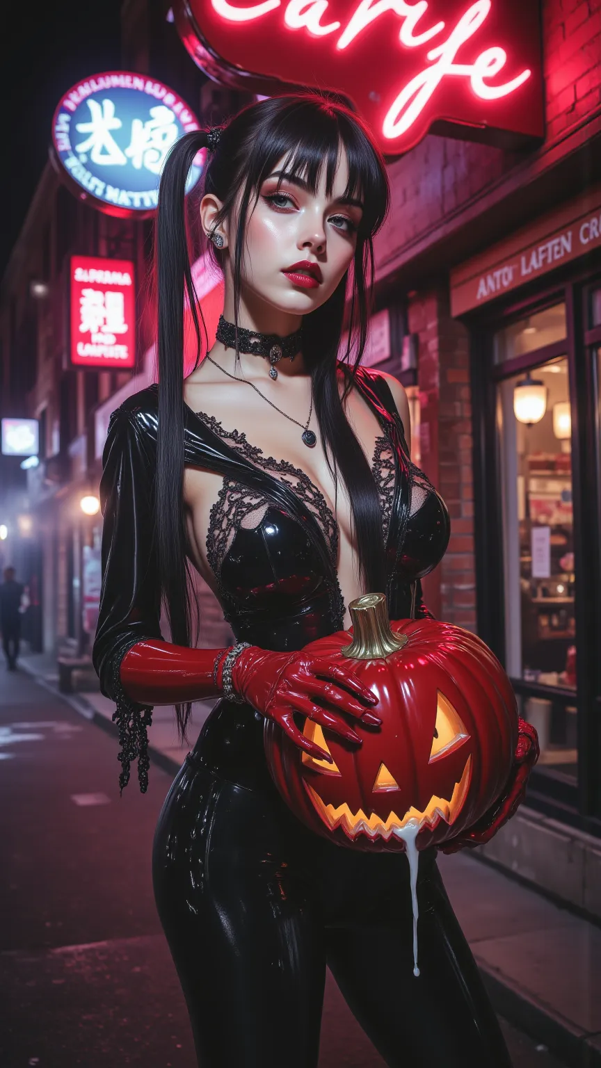 1 girl ultra skinny anorexic scandinavian korean teen girl , (( Holding a small Red shiny plastic jack o lantern )), (Cumface gi...