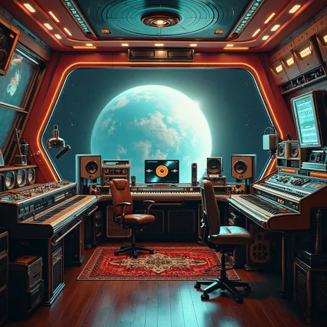 A high-tech rock-blues studio inside a spaceship, with an immense window revealing Earth and a glowing Sun afar, featuring a Les...