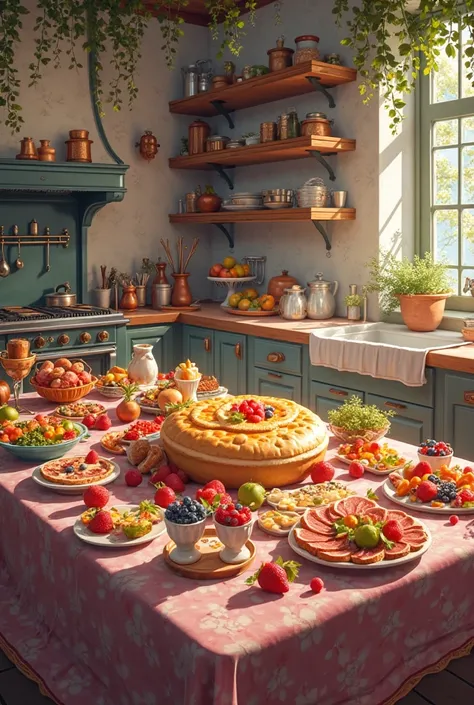 Uma grande cozinha, estilo antigo, muito colorido, muitas frutas,mesa grande, um grande bolo, bolo colorido,muitos enfeites,  Va...